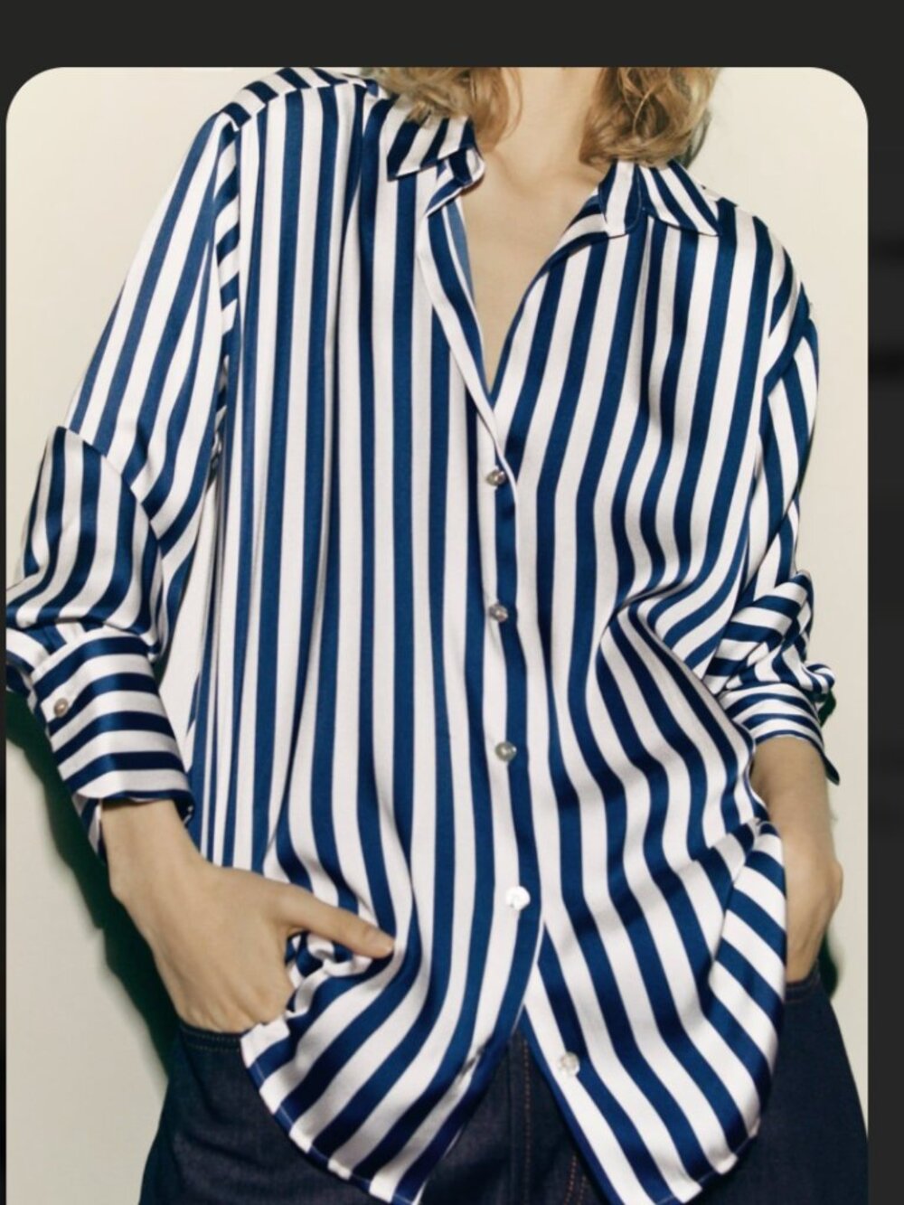 Zara blue and white striped satin button down polo shirt - medium